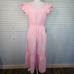 Nordstrom's Maisie Pink Crinkle Gauze Ruffled Hem Mid Cottagecore Dress Size S